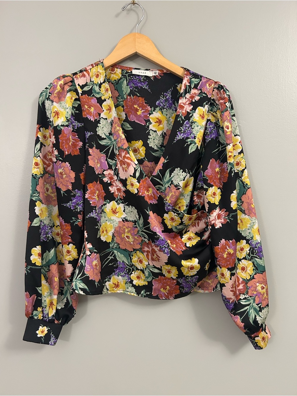 Lush Black Floral Surplice Blouse with Yellow and Pink Blossoms Small